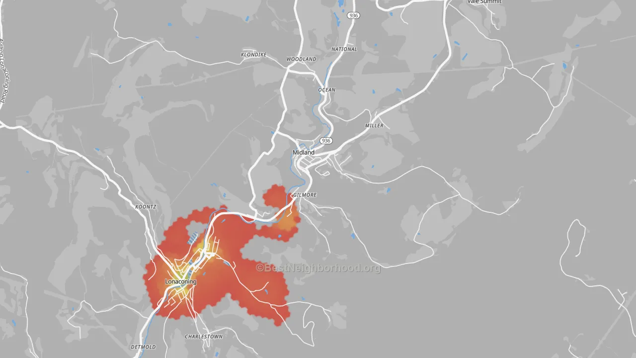 Walk Grade map of Midland, MD, walkable areas in green and car-dependent areas in red