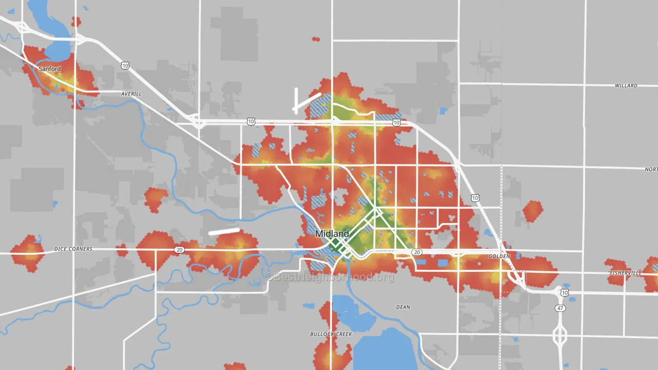 Walk Grade map of Midland, MI, walkable areas in green and car-dependent areas in red