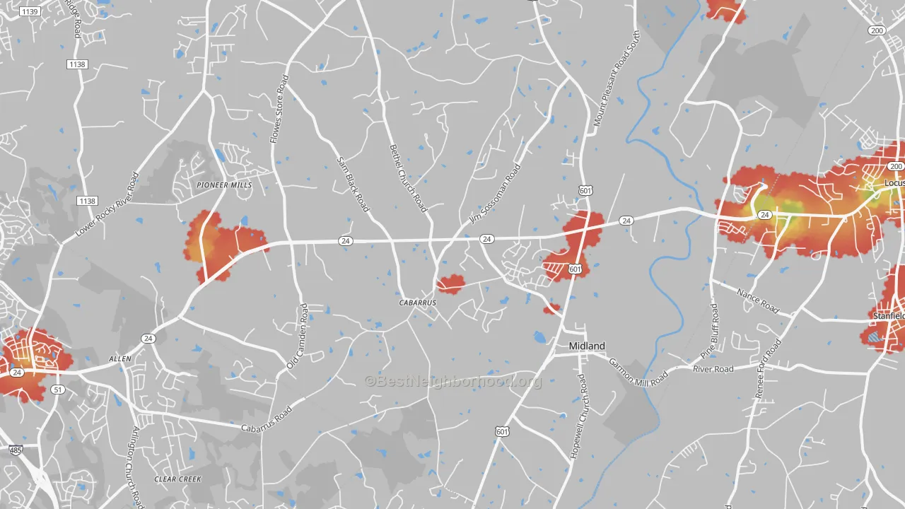 Walk Grade map of Midland, NC, walkable areas in green and car-dependent areas in red