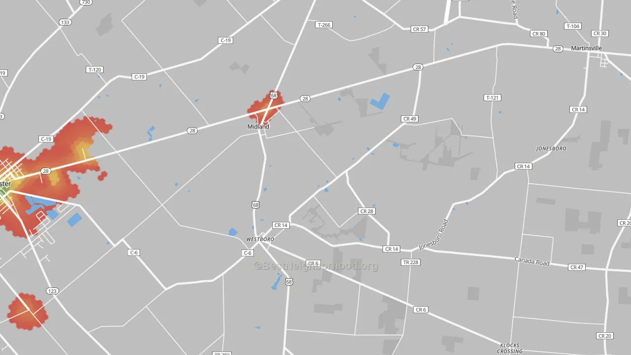 Walk Grade map of Midland, OH, walkable areas in green and car-dependent areas in red