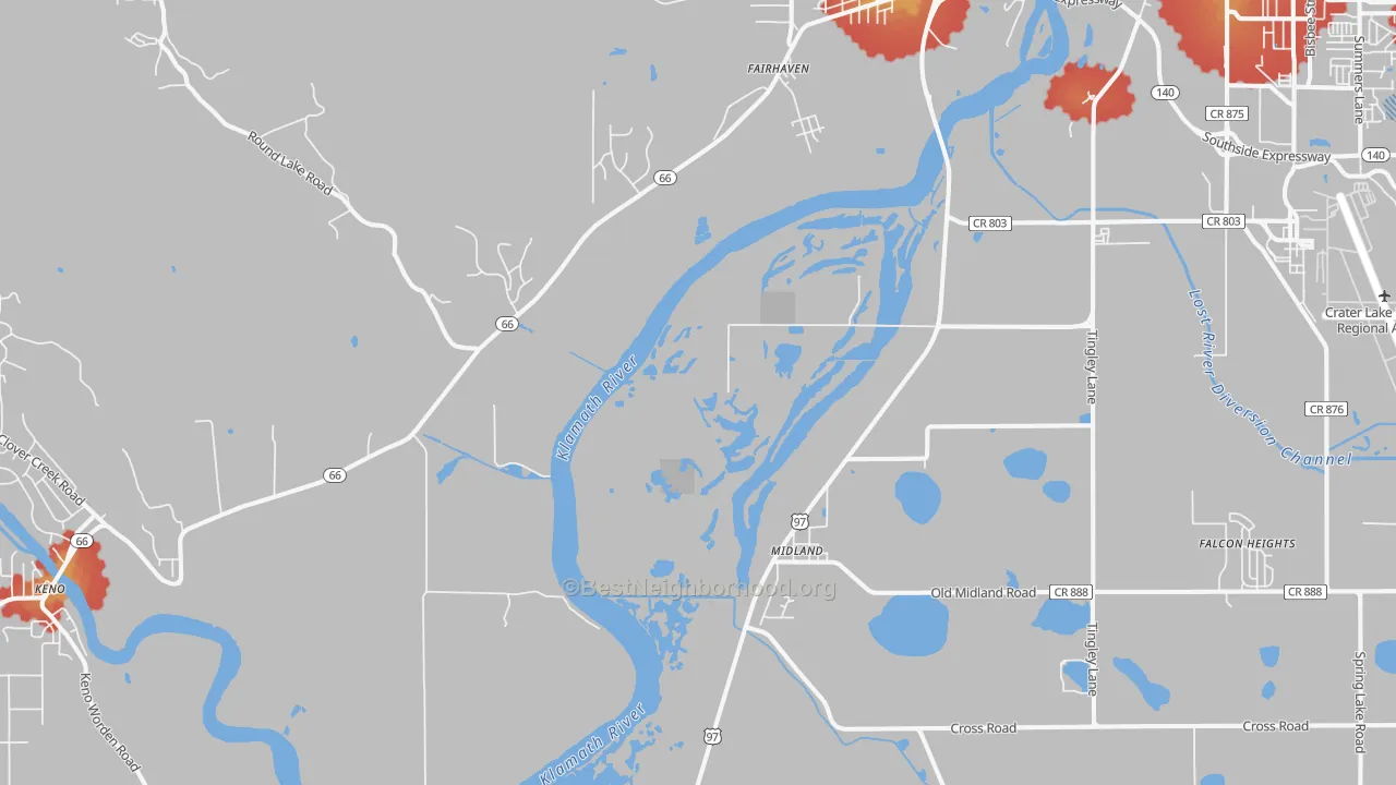 Walk Grade map of Midland, OR, walkable areas in green and car-dependent areas in red