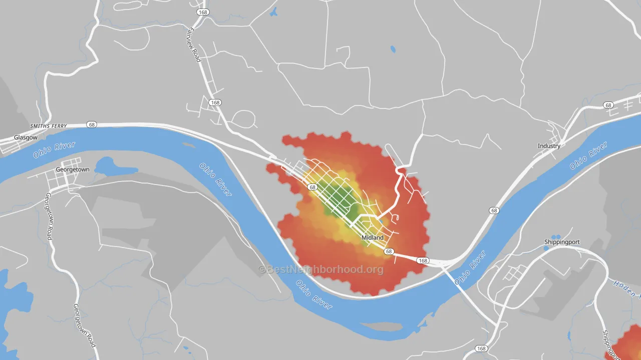 Walk Grade map of Midland, PA, walkable areas in green and car-dependent areas in red