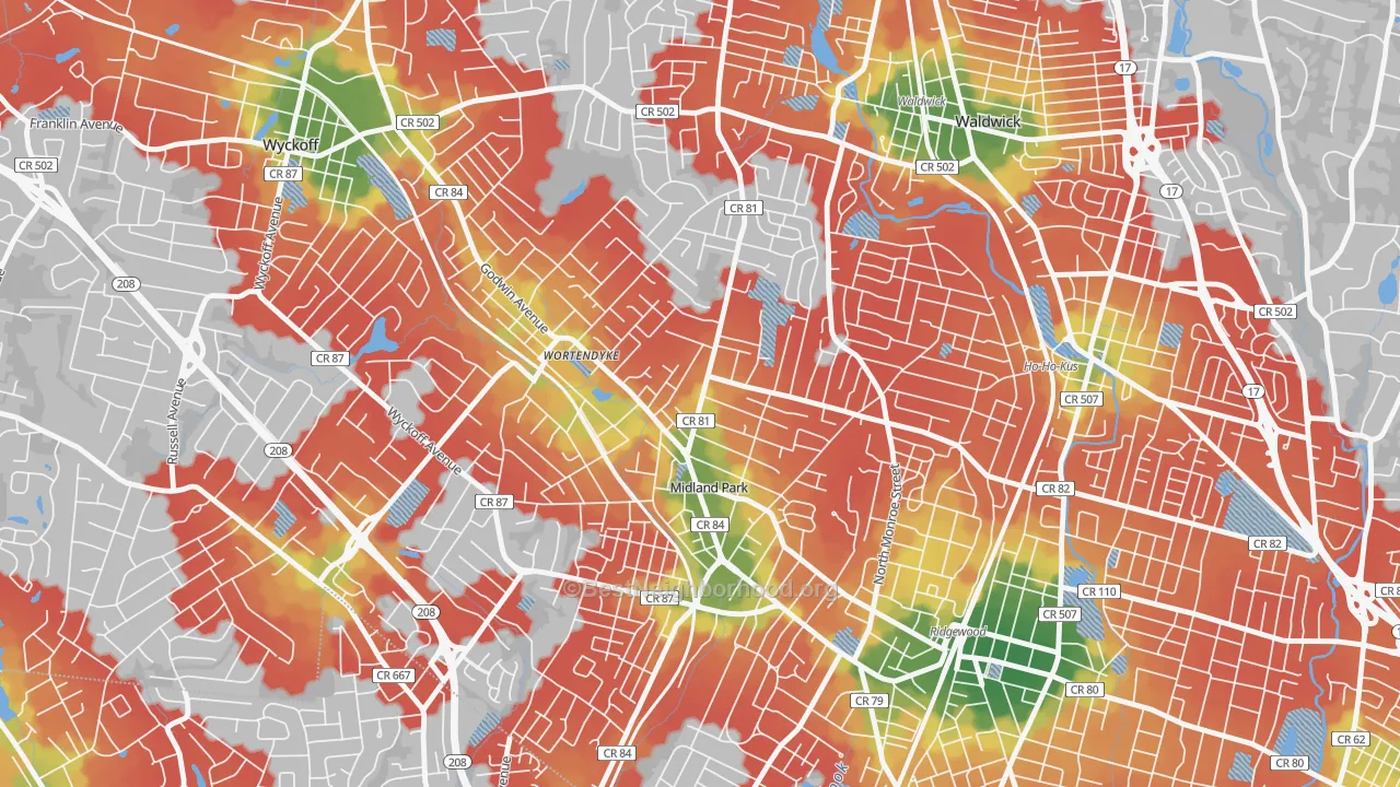 Walk Grade map of Midland Park, NJ, walkable areas in green and car-dependent areas in red