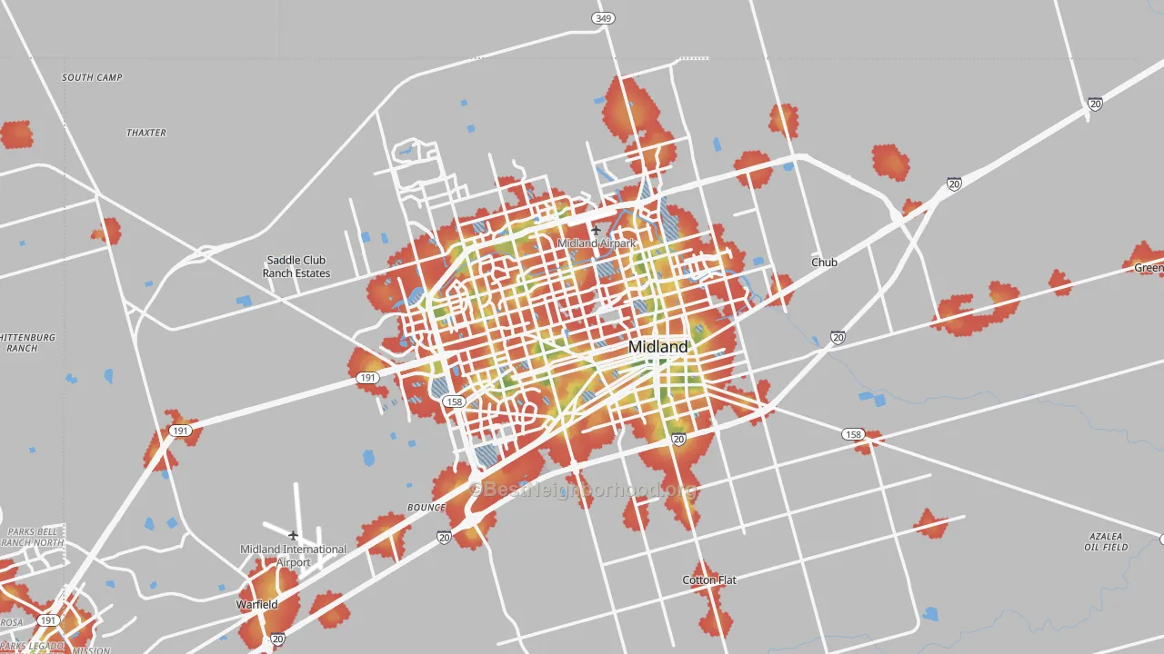 Walk Grade map of Midland, TX, walkable areas in green and car-dependent areas in red