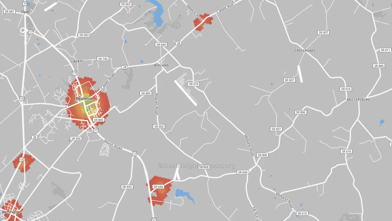 Walk Grade map of Midland, VA, walkable areas in green and car-dependent areas in red