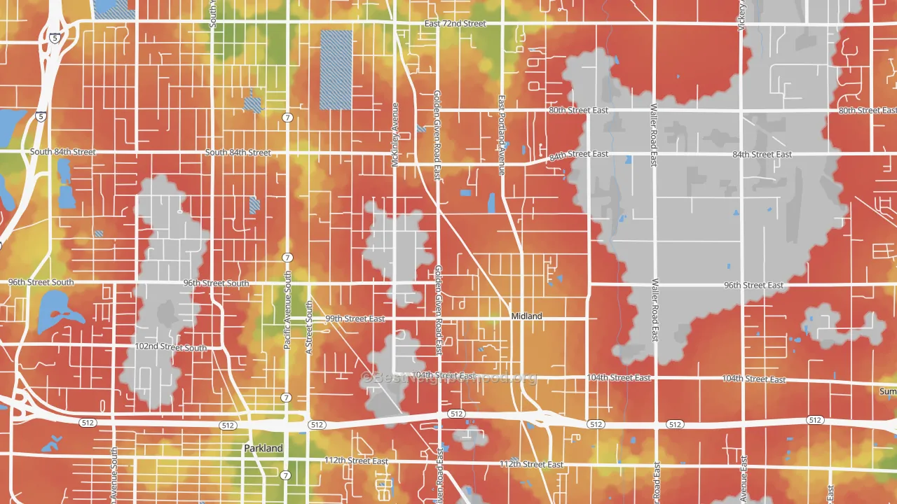 Walk Grade map of Midland, WA, walkable areas in green and car-dependent areas in red