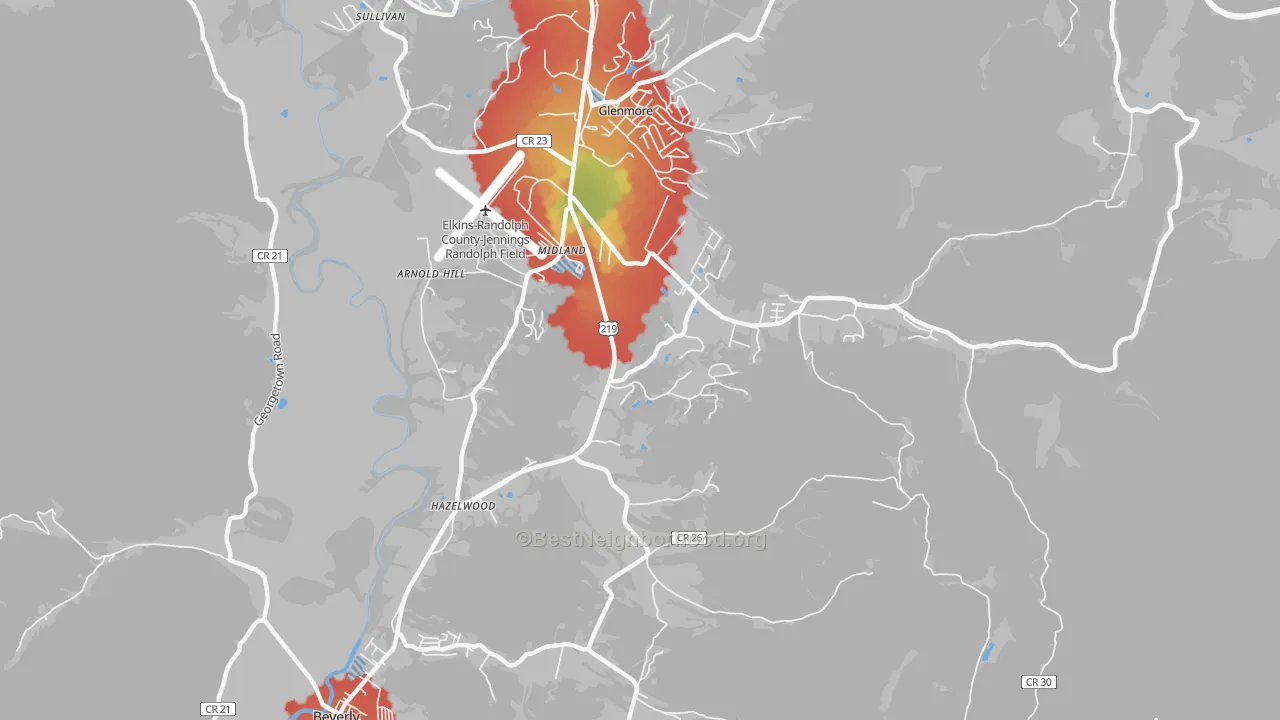 Walk Grade map of Midland, WV, walkable areas in green and car-dependent areas in red