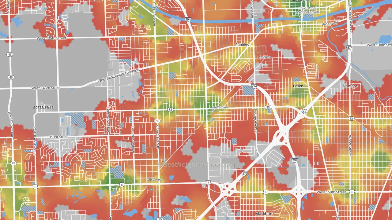 Walk Grade map of Midlothian, IL, walkable areas in green and car-dependent areas in red