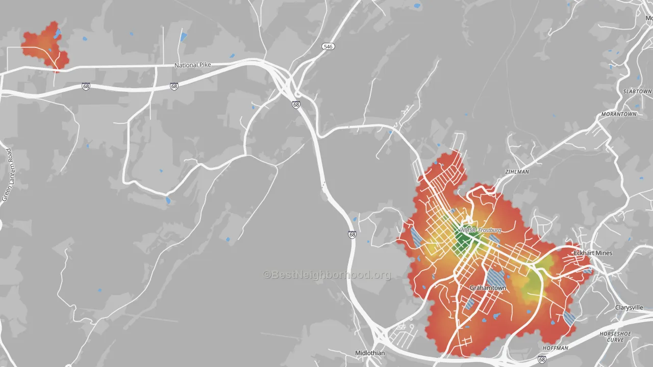 Walk Grade map of Midlothian, MD, walkable areas in green and car-dependent areas in red