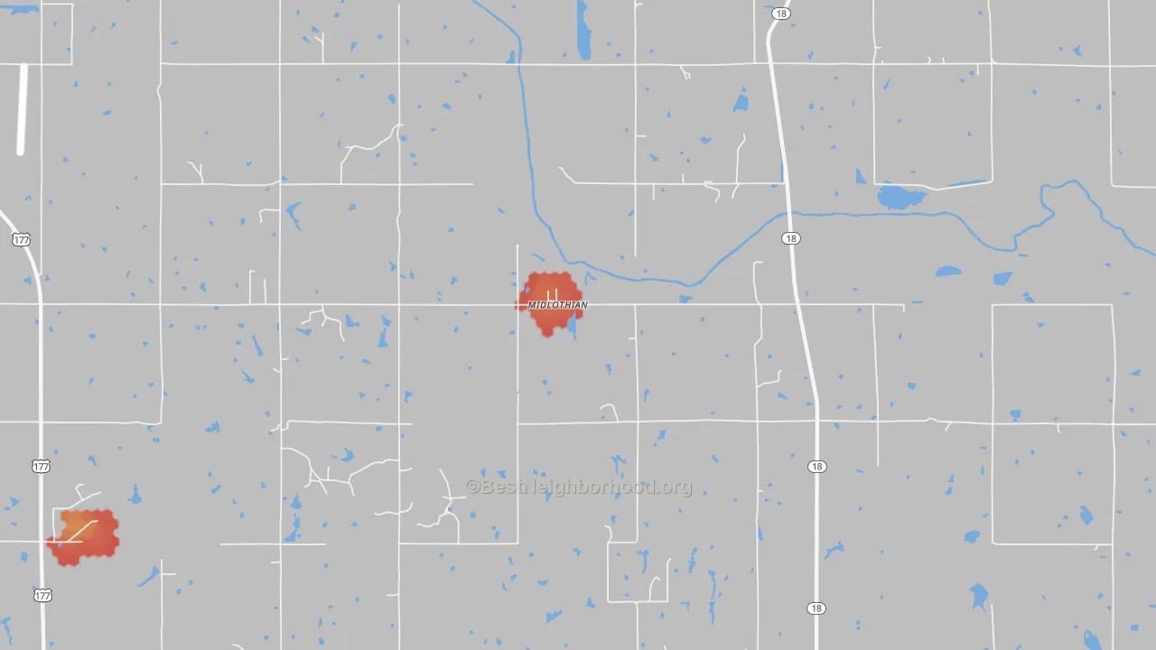 Walk Grade map of Midlothian, OK, walkable areas in green and car-dependent areas in red