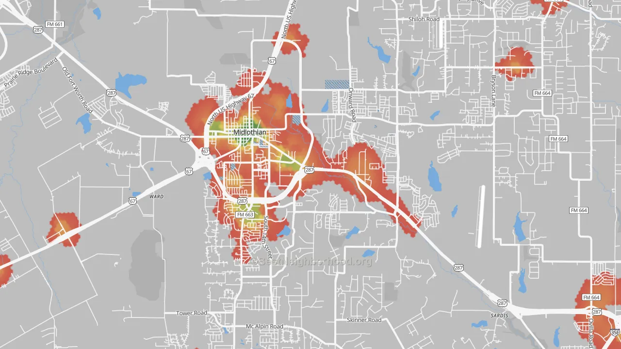 Walk Grade map of Midlothian, TX, walkable areas in green and car-dependent areas in red