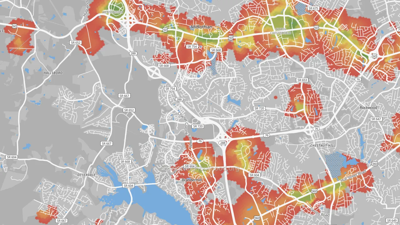 Walk Grade map of Midlothian, VA, walkable areas in green and car-dependent areas in red