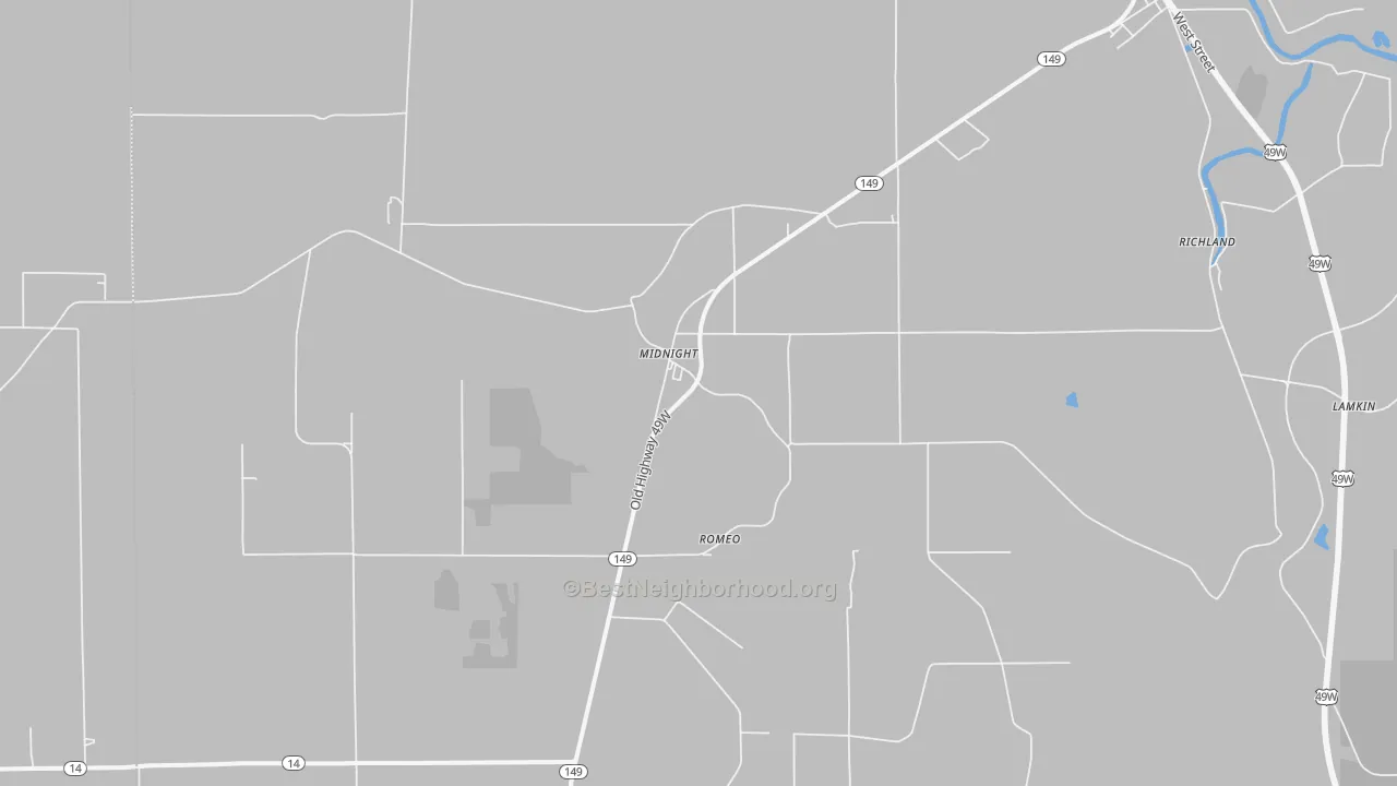 Walk Grade map of Midnight, MS, walkable areas in green and car-dependent areas in red
