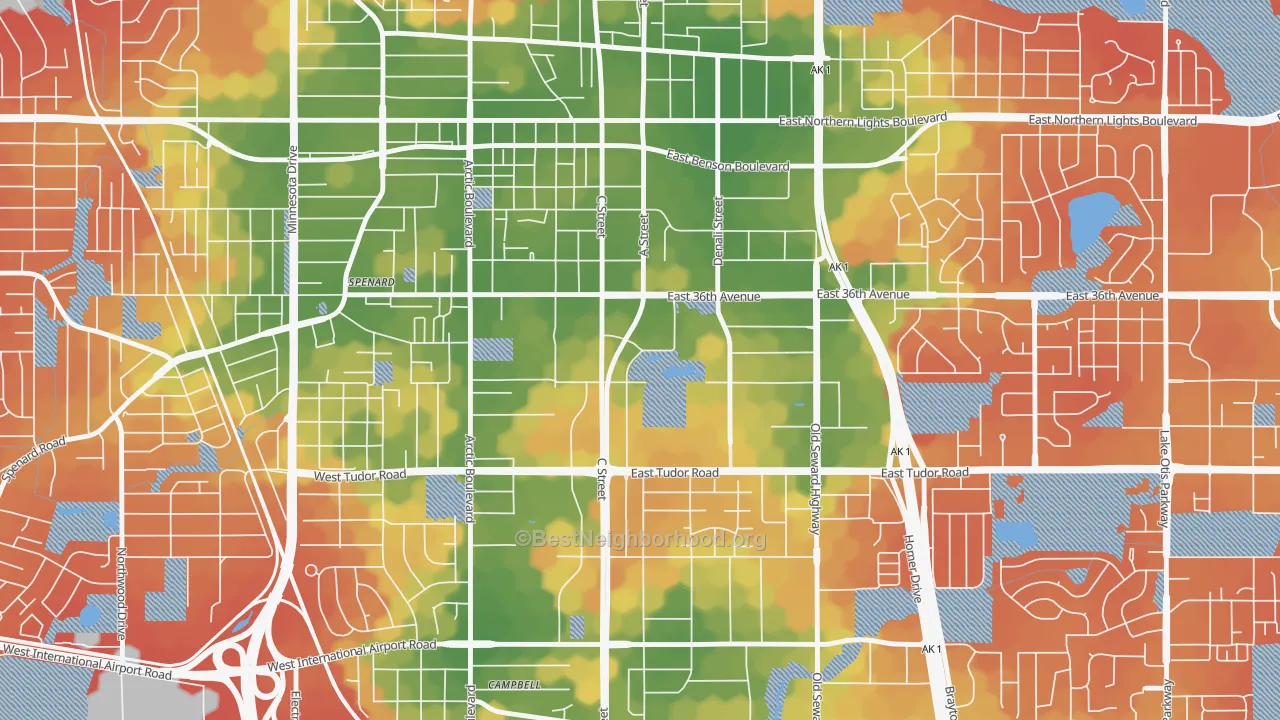 Walk Grade map of Midtown, Anchorage, AK, walkable areas in green and car-dependent areas in red