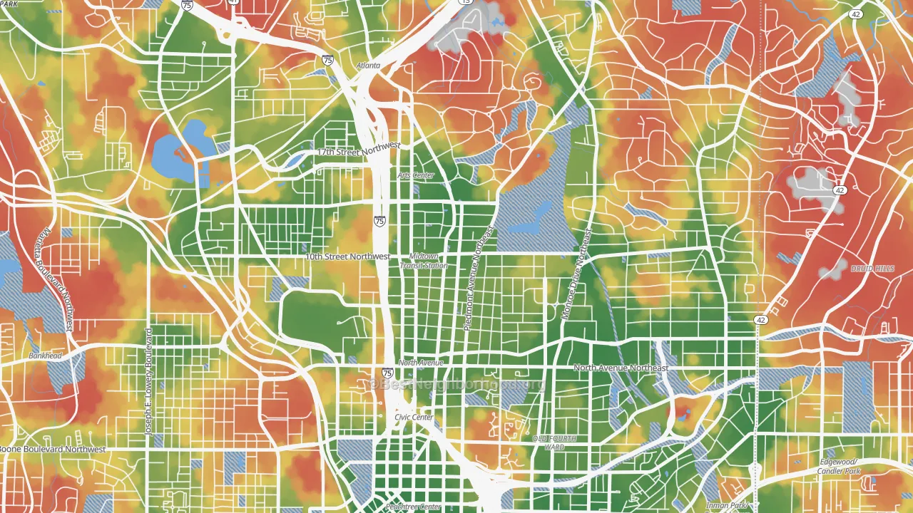 Walk Grade map of Midtown Atlanta, Atlanta, GA, walkable areas in green and car-dependent areas in red