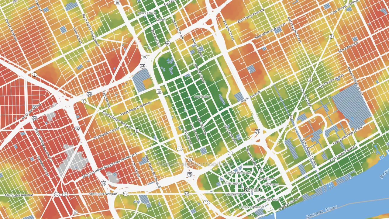 Walk Grade map of Midtown-Detroit, Detroit, MI, walkable areas in green and car-dependent areas in red