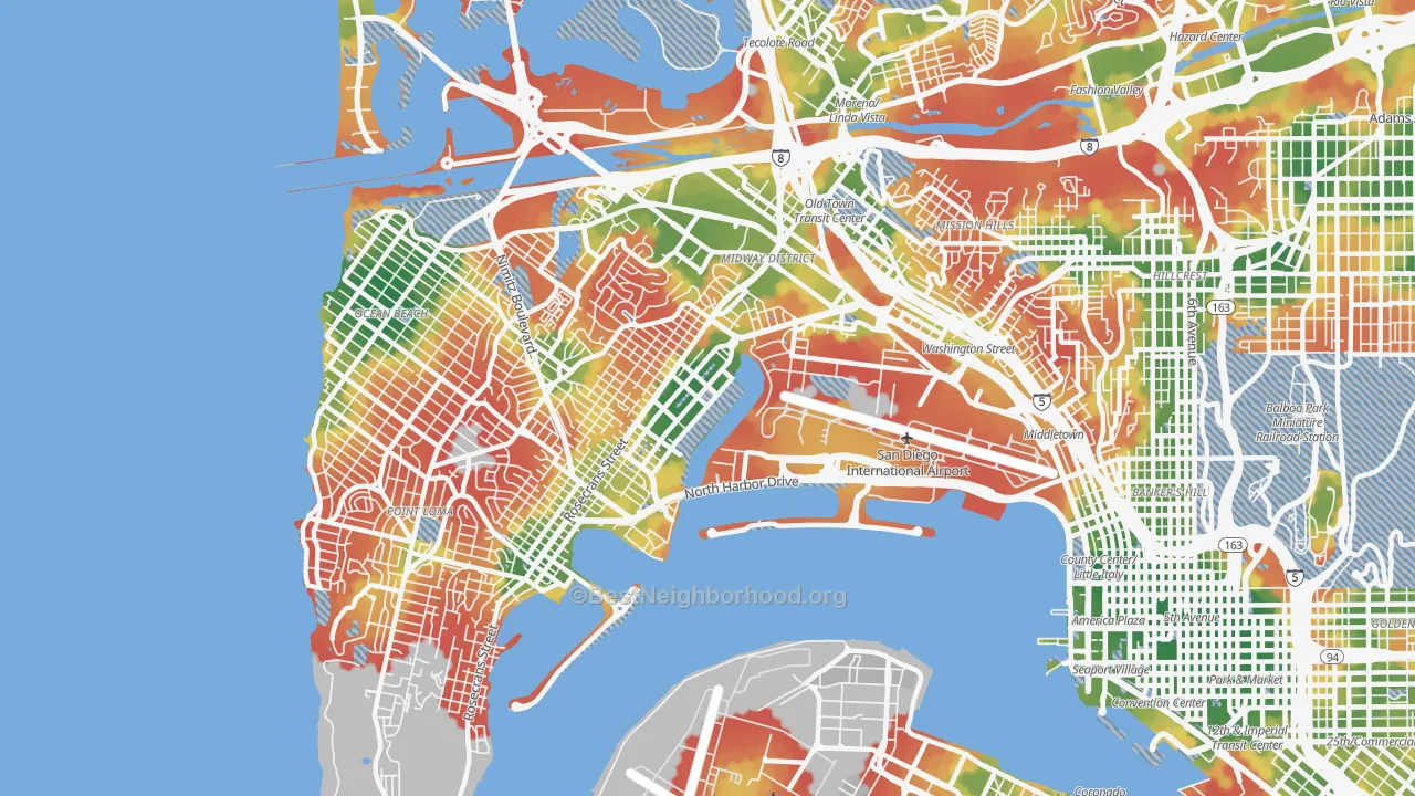 Walk Grade map of Midtown District, San Diego, CA, walkable areas in green and car-dependent areas in red