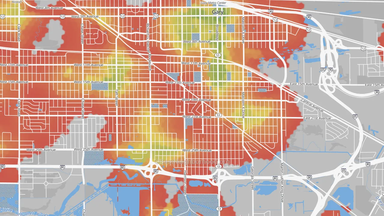 Walk Grade map of Midtown, Gary, IN, walkable areas in green and car-dependent areas in red