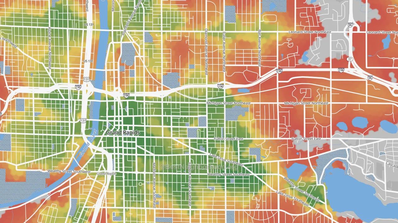 Walk Grade map of Midtown-Grand Rapids, Grand Rapids, MI, walkable areas in green and car-dependent areas in red