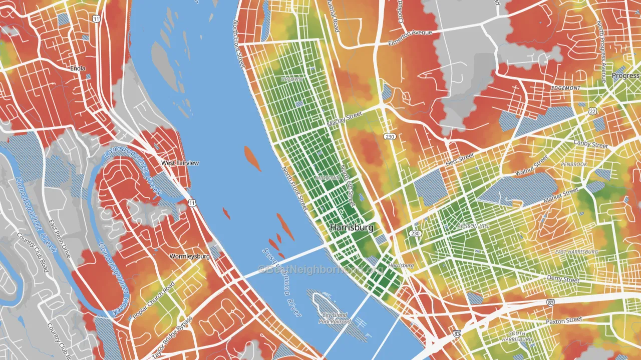 Walk Grade map of Midtown Harrisburg, Harrisburg, PA, walkable areas in green and car-dependent areas in red