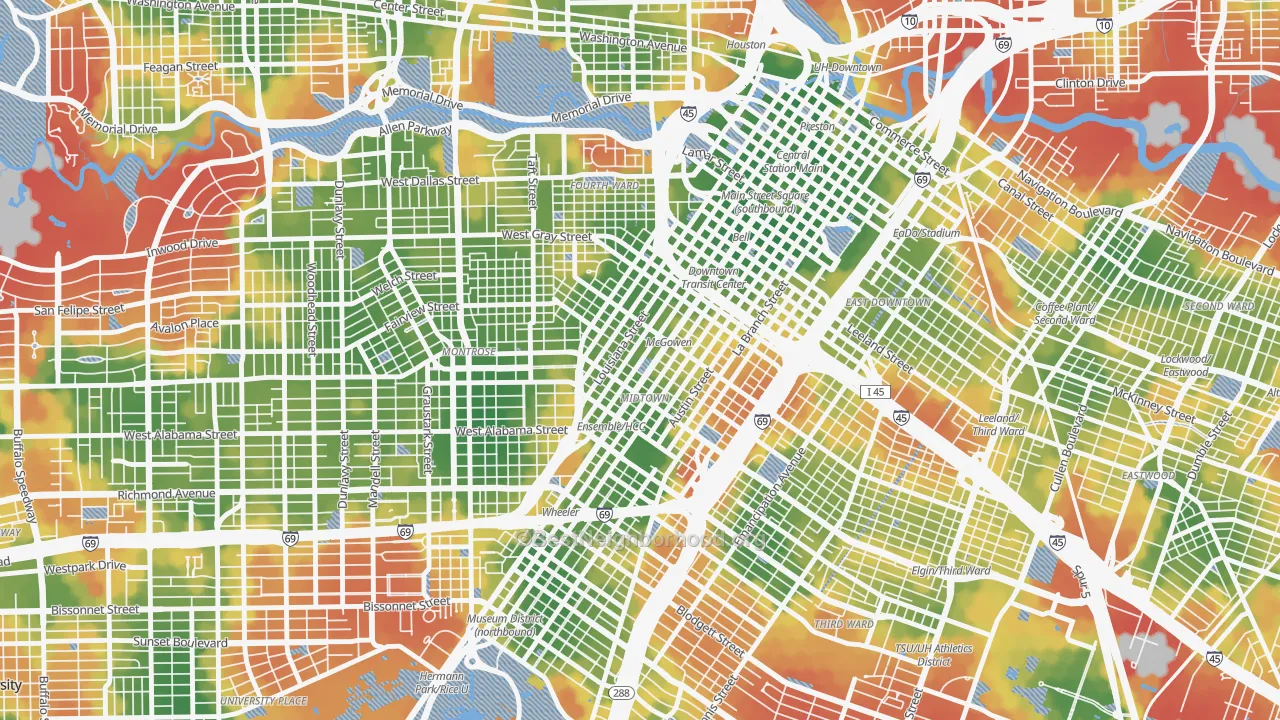 Walk Grade map of Midtown, Houston, TX, walkable areas in green and car-dependent areas in red