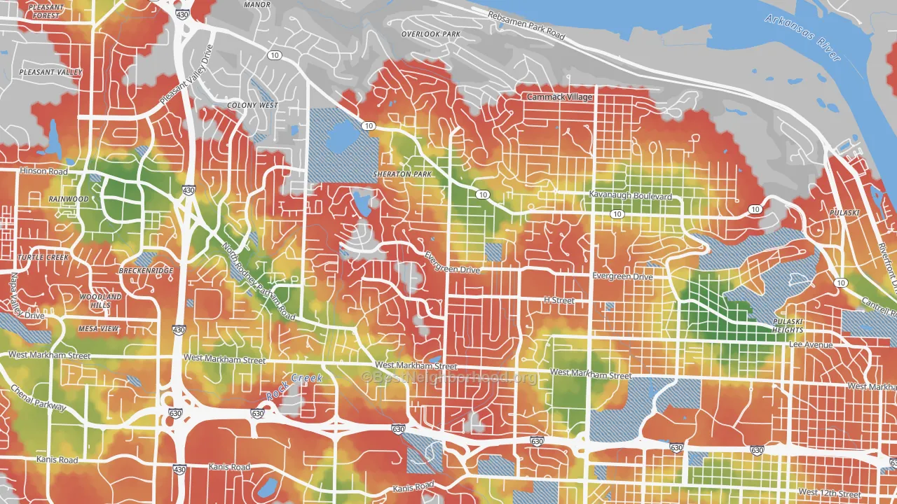 Walk Grade map of Midtown, Little Rock, AR, walkable areas in green and car-dependent areas in red