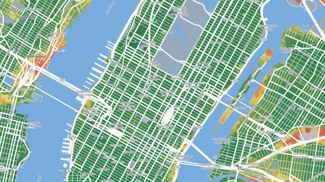 Walk Grade map of Midtown, Manhattan, NY, walkable areas in green and car-dependent areas in red