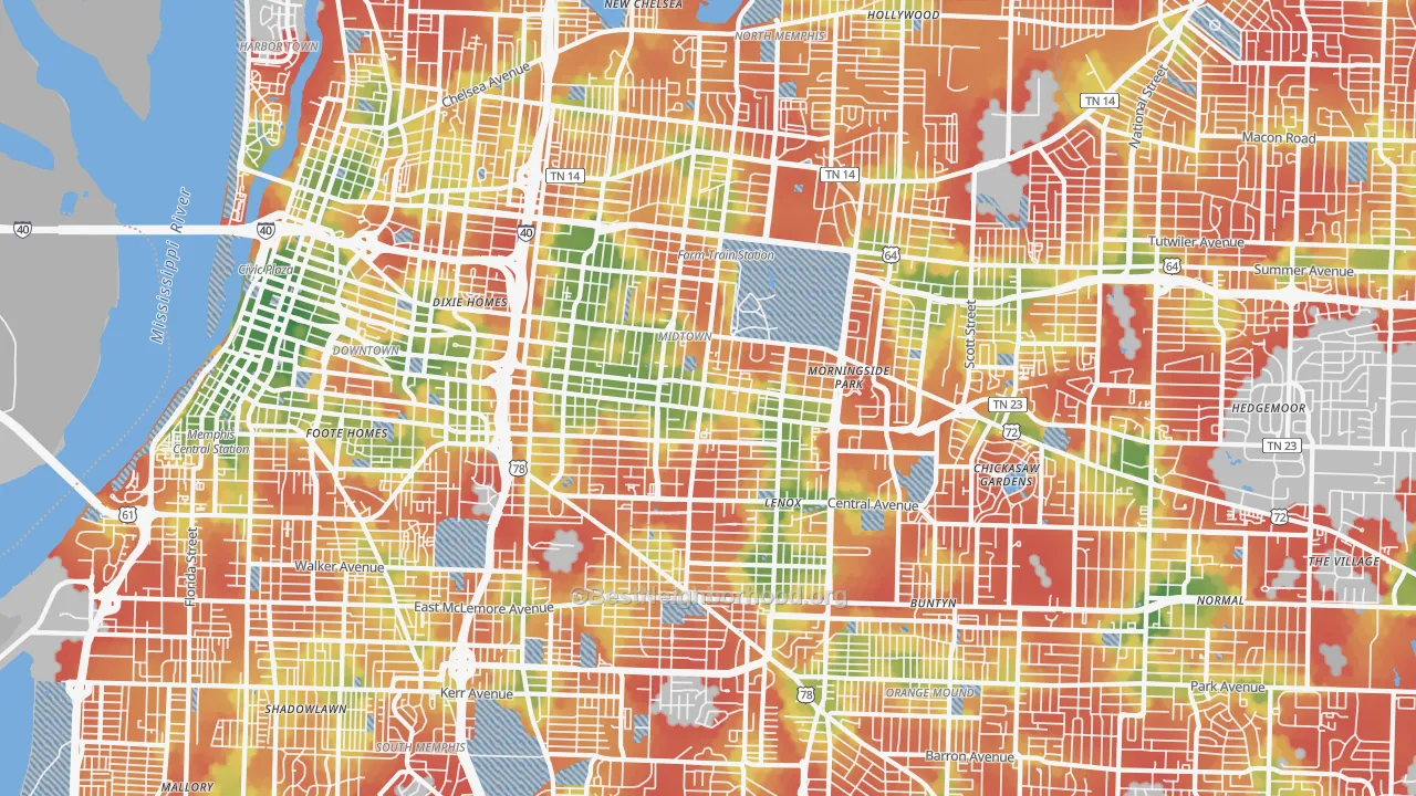 Walk Grade map of Midtown-Memphis, Memphis, TN, walkable areas in green and car-dependent areas in red