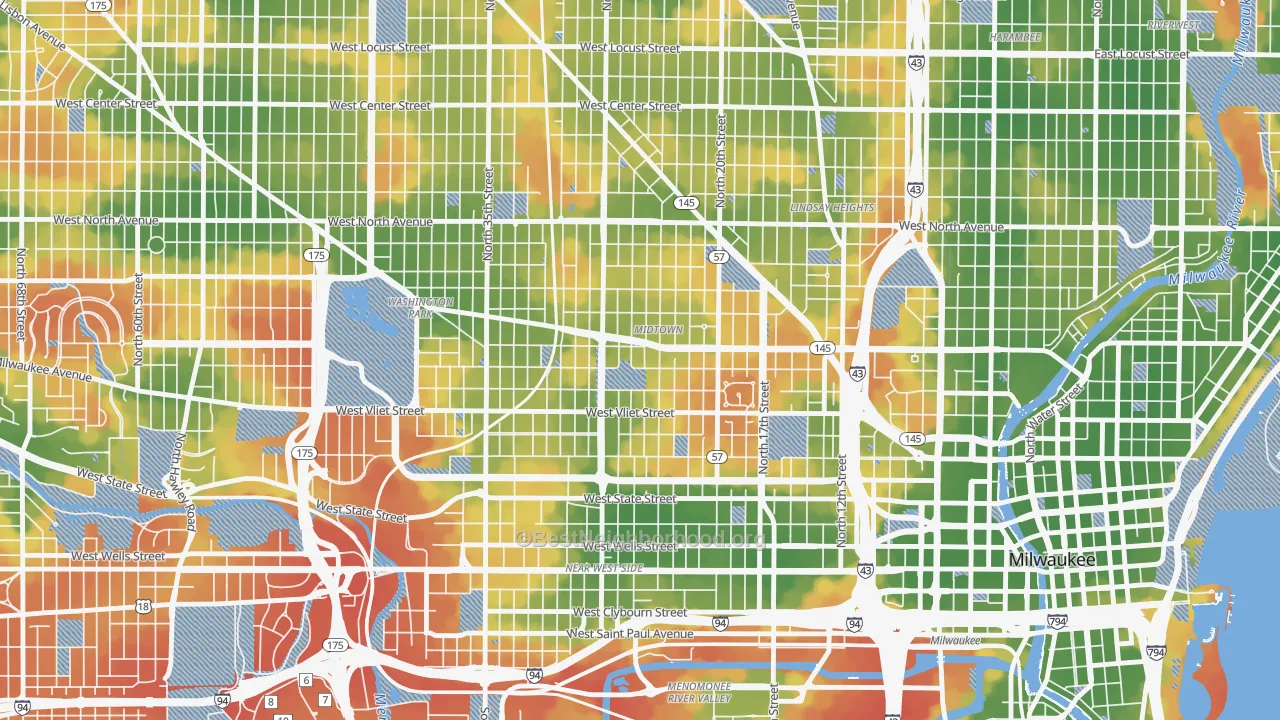 Walk Grade map of Midtown, Milwaukee, WI, walkable areas in green and car-dependent areas in red
