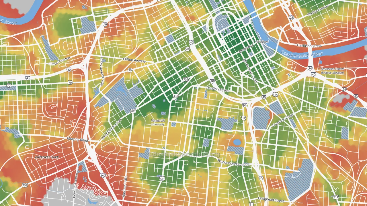 Walk Grade map of Midtown-Nashville, Nashville, TN, walkable areas in green and car-dependent areas in red
