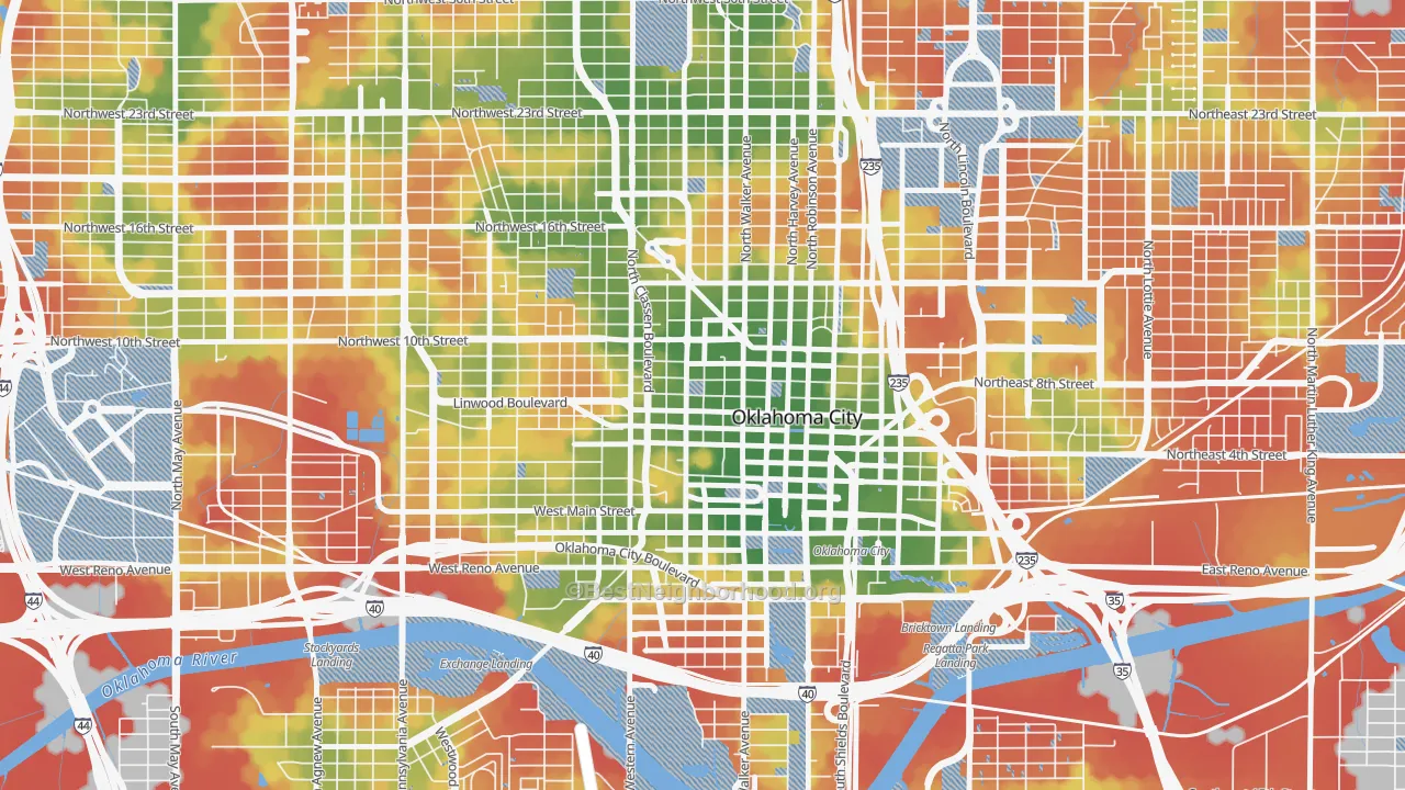 Walk Grade map of Midtown, Oklahoma City, OK, walkable areas in green and car-dependent areas in red