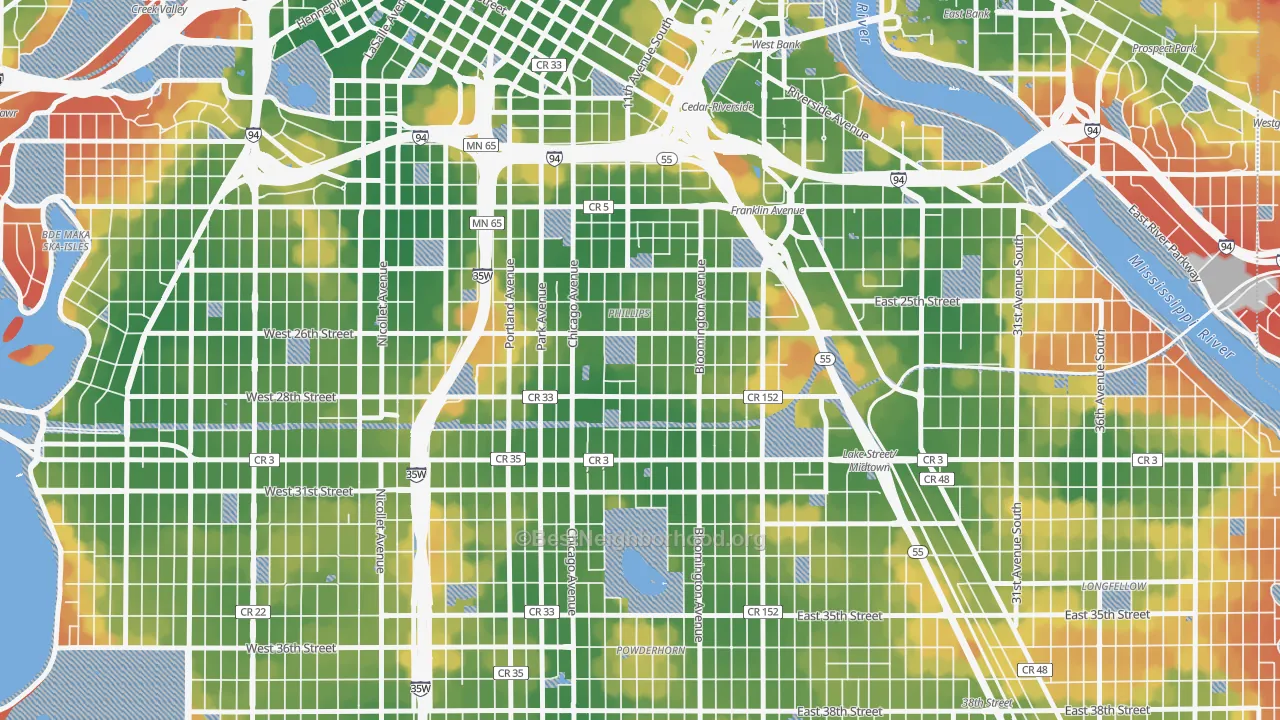 Walk Grade map of Midtown Phillips, Minneapolis, MN, walkable areas in green and car-dependent areas in red