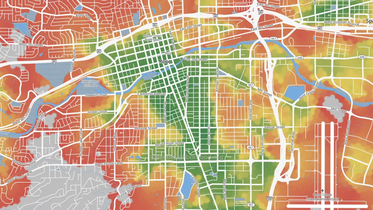 Walk Grade map of Midtown, Reno, NV, walkable areas in green and car-dependent areas in red