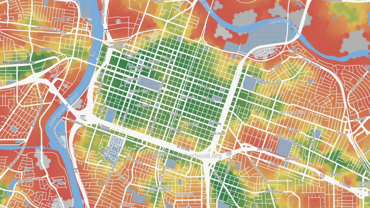 Walk Grade map of Midtown, Sacramento, CA, walkable areas in green and car-dependent areas in red