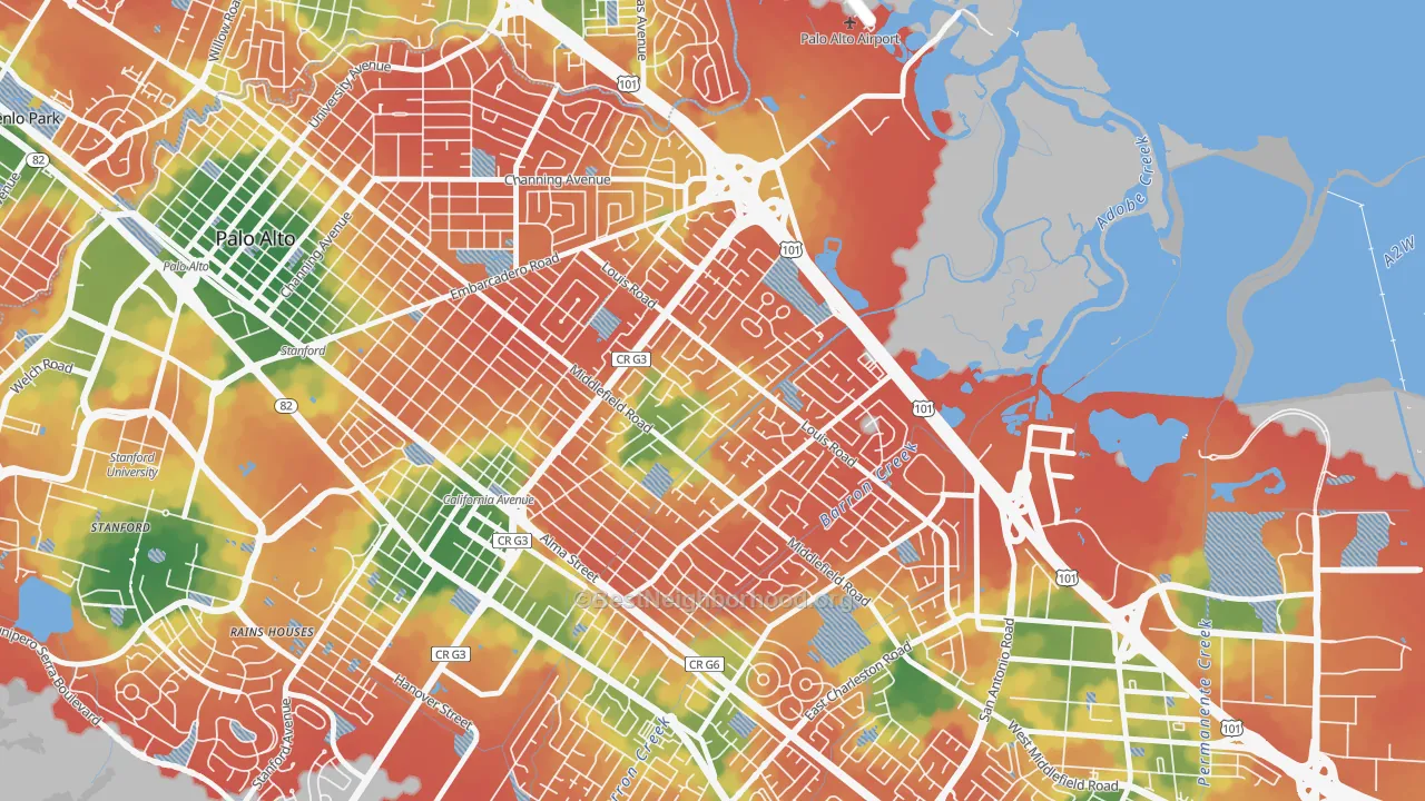 Walk Grade map of Midtown-San Jose, Palo Alto, CA, walkable areas in green and car-dependent areas in red