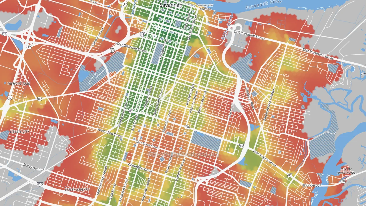 Walk Grade map of Midtown Savannah, Savannah, GA, walkable areas in green and car-dependent areas in red