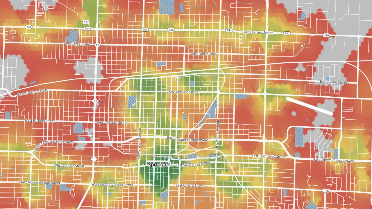 Walk Grade map of Midtown Springfield, Springfield, MO, walkable areas in green and car-dependent areas in red