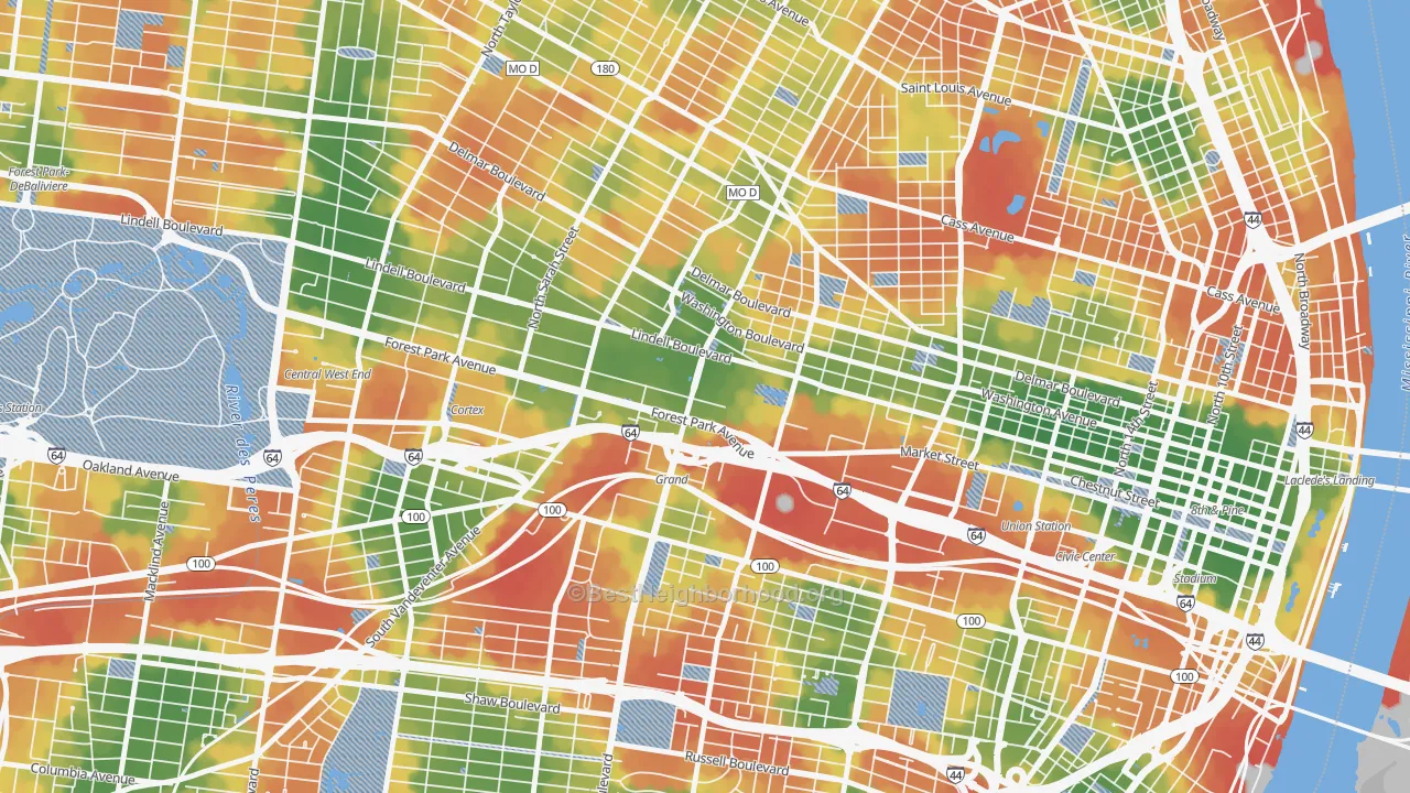 Walk Grade map of Midtown St. Louis, St. Louis, MO, walkable areas in green and car-dependent areas in red
