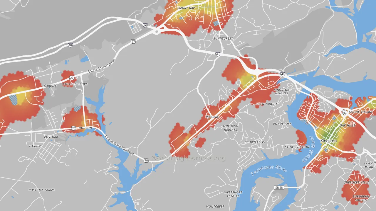 Walk Grade map of Midtown, TN, walkable areas in green and car-dependent areas in red