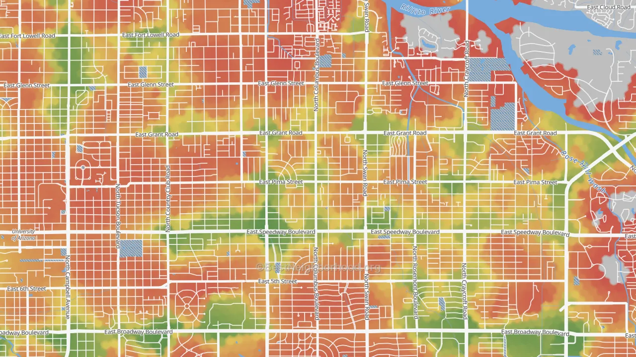 Walk Grade map of Midtown, Tucson, AZ, walkable areas in green and car-dependent areas in red