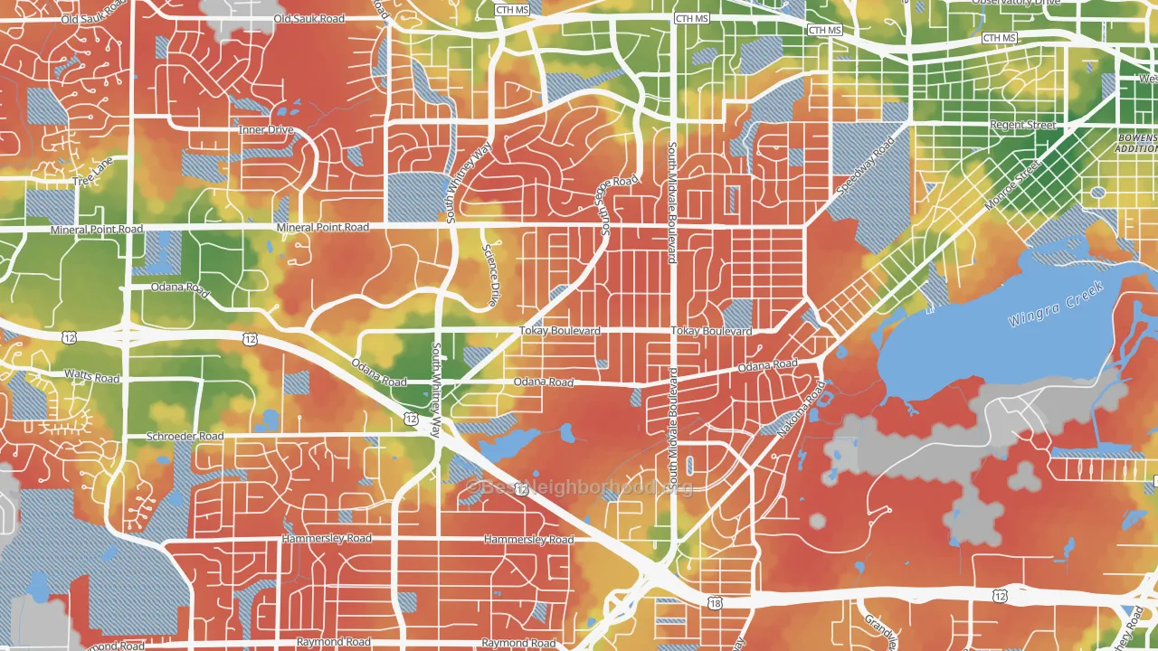 Walk Grade map of Midvale Heights, Madison, WI, walkable areas in green and car-dependent areas in red