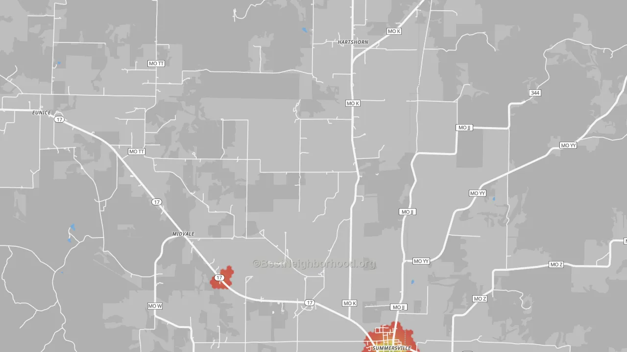 Walk Grade map of Midvale, MO, walkable areas in green and car-dependent areas in red