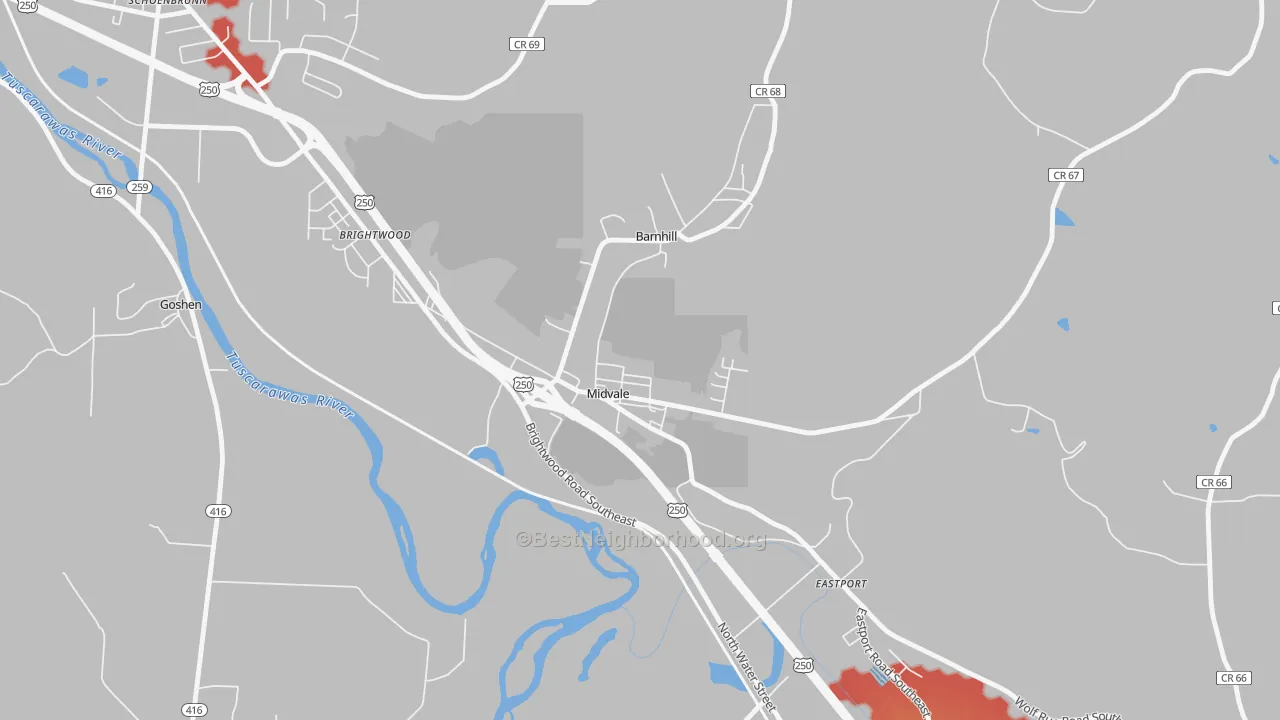 Walk Grade map of Midvale, OH, walkable areas in green and car-dependent areas in red