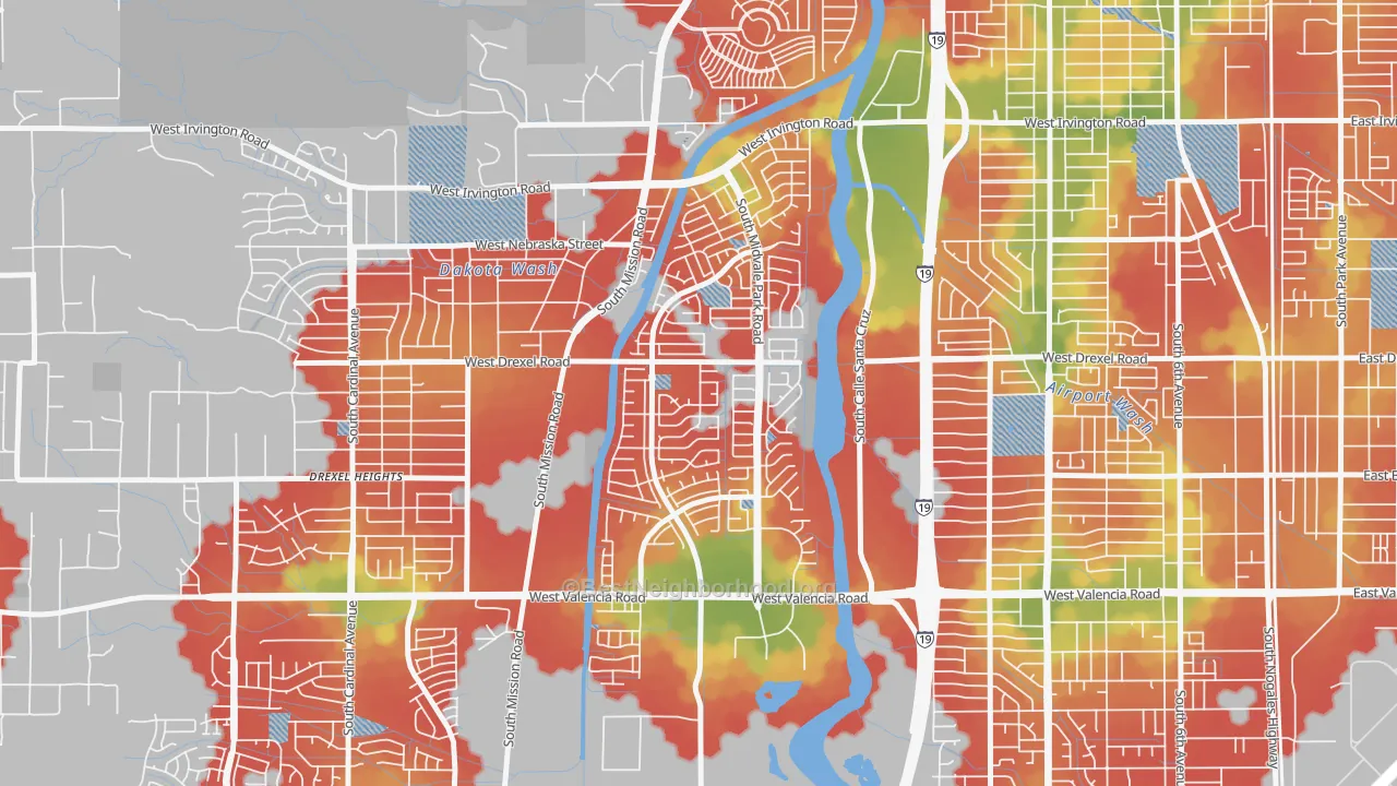 Walk Grade map of Midvale Park, Tucson, AZ, walkable areas in green and car-dependent areas in red