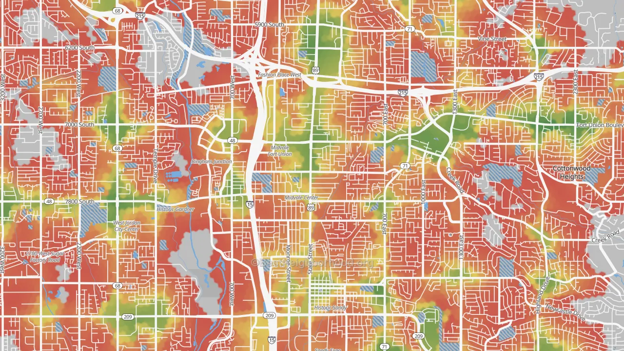 Walk Grade map of Midvale, UT, walkable areas in green and car-dependent areas in red