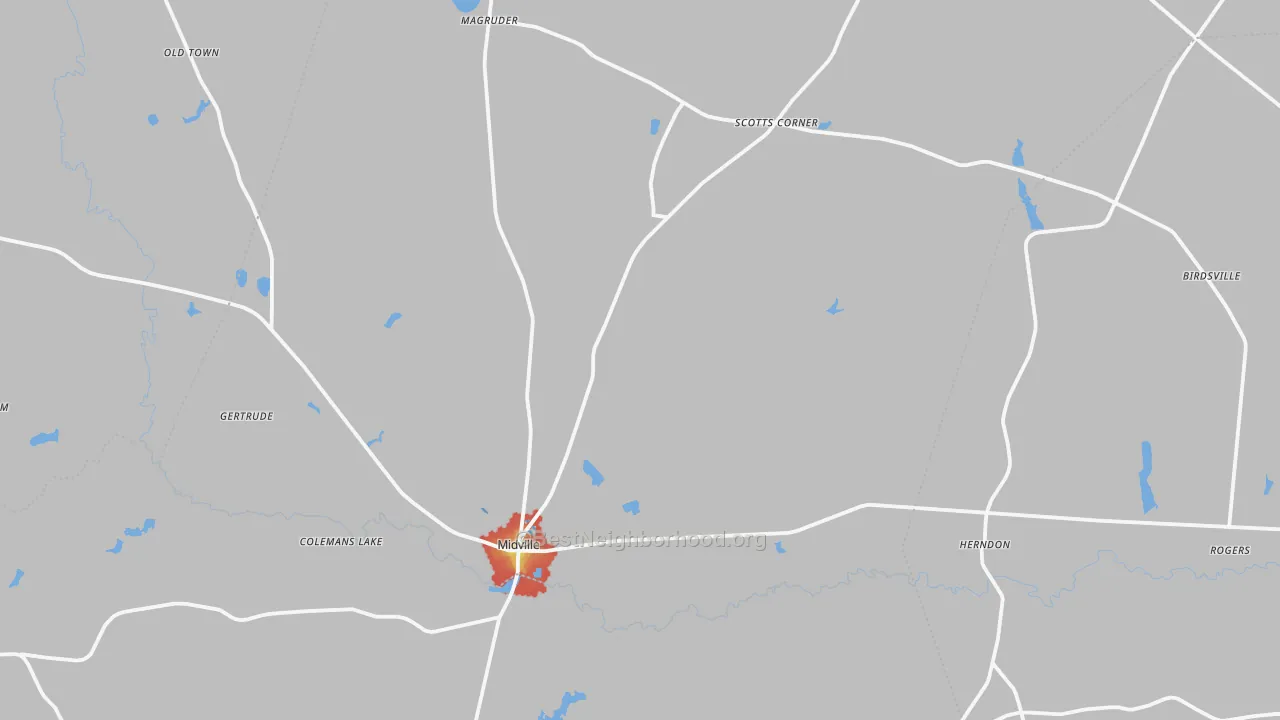 Walk Grade map of Midville, GA, walkable areas in green and car-dependent areas in red