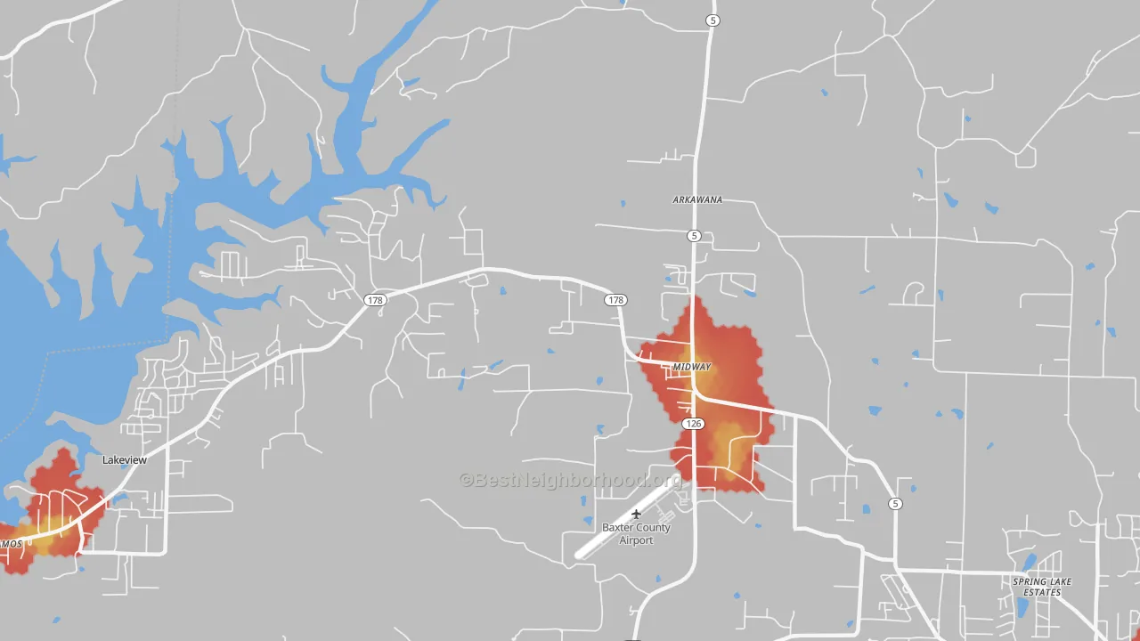 Walk Grade map of Midway, AR, walkable areas in green and car-dependent areas in red