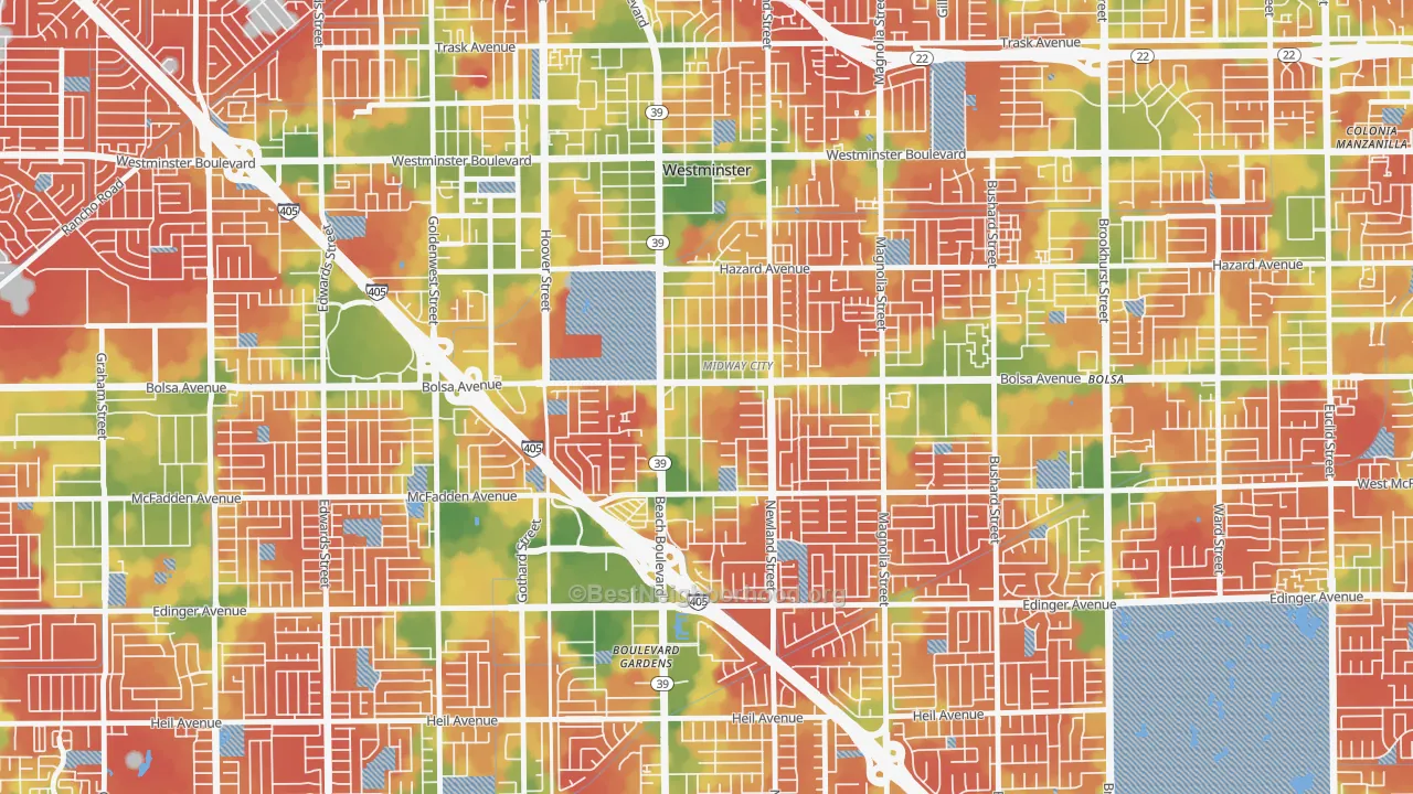 Walk Grade map of Midway City, CA, walkable areas in green and car-dependent areas in red