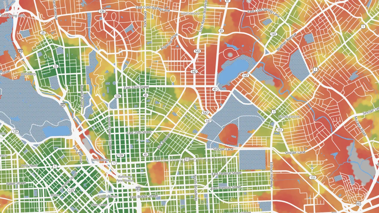 Walk Grade map of Midway-Coldstream, Baltimore, MD, walkable areas in green and car-dependent areas in red