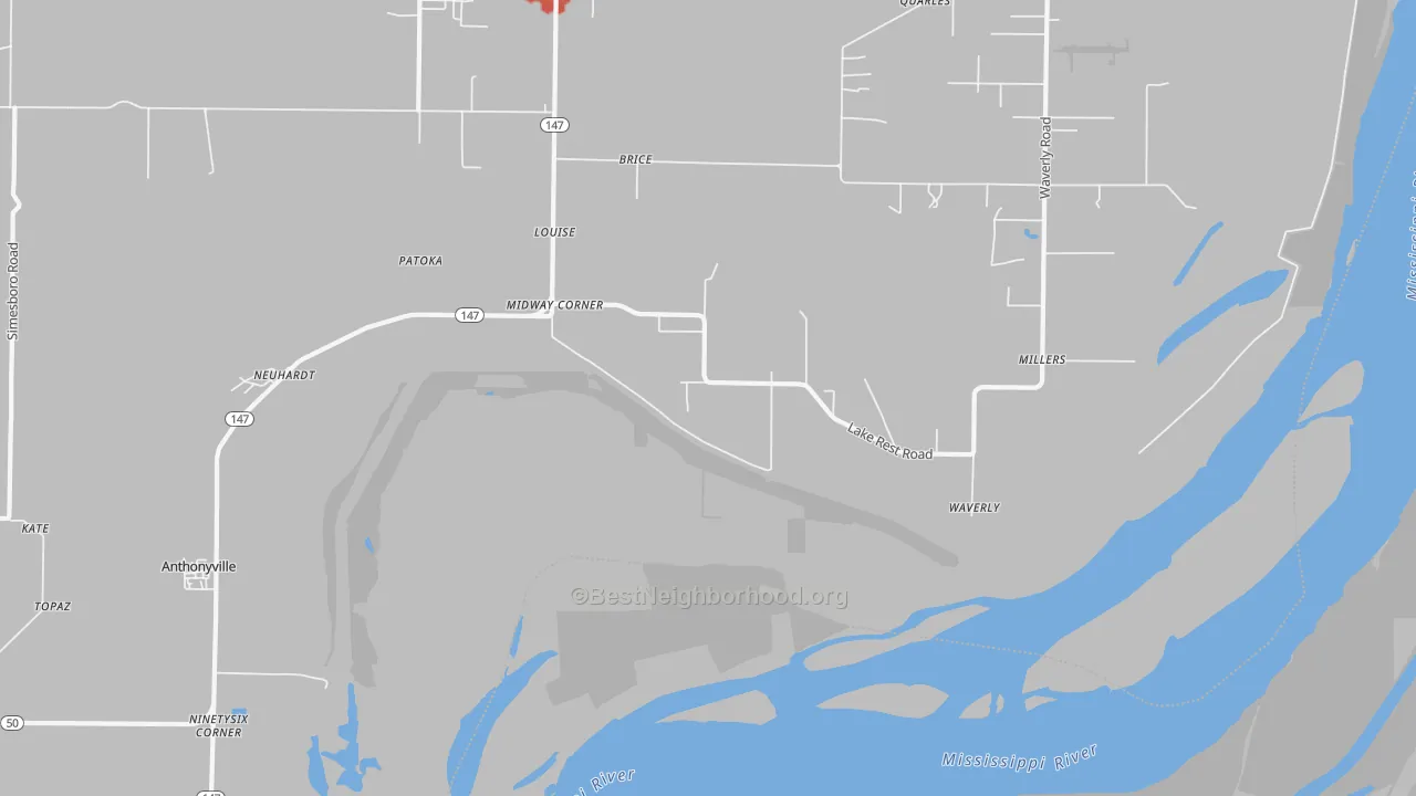 Walk Grade map of Midway Corner, AR, walkable areas in green and car-dependent areas in red